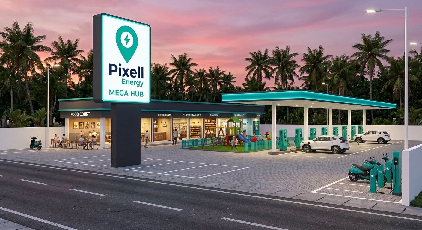 PixellEnergy Mega Hub entrance — Full-service charging destination