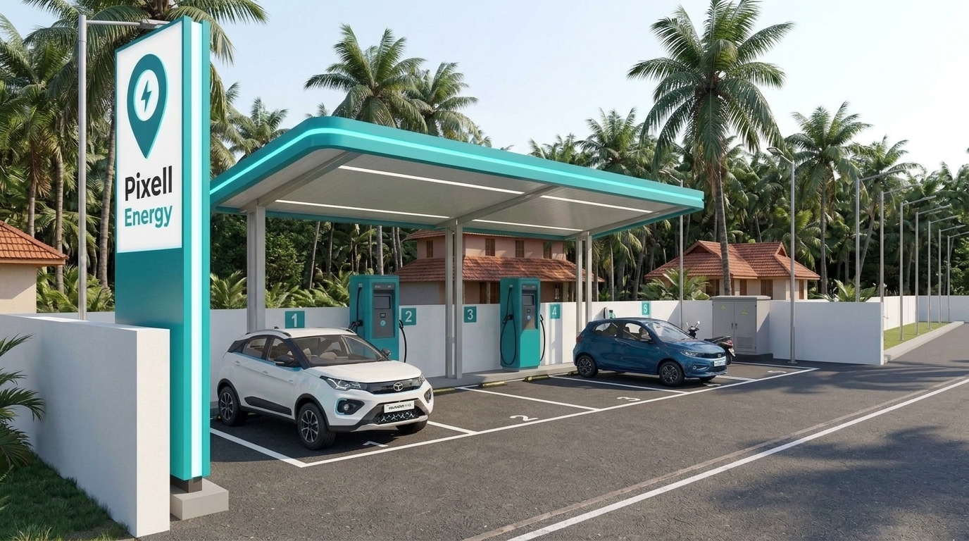 PixellEnergy Mini Hub entrance — Compact urban plaza